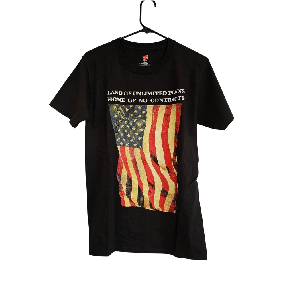 Black T Shirt Mens Small American Flag Land Home of No Contracts